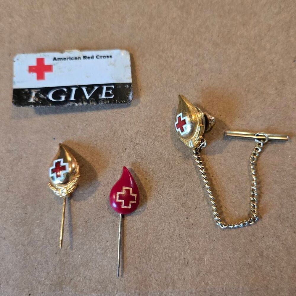 Vintage Red Cross Pins & Tie Tack Lapel Pin Set